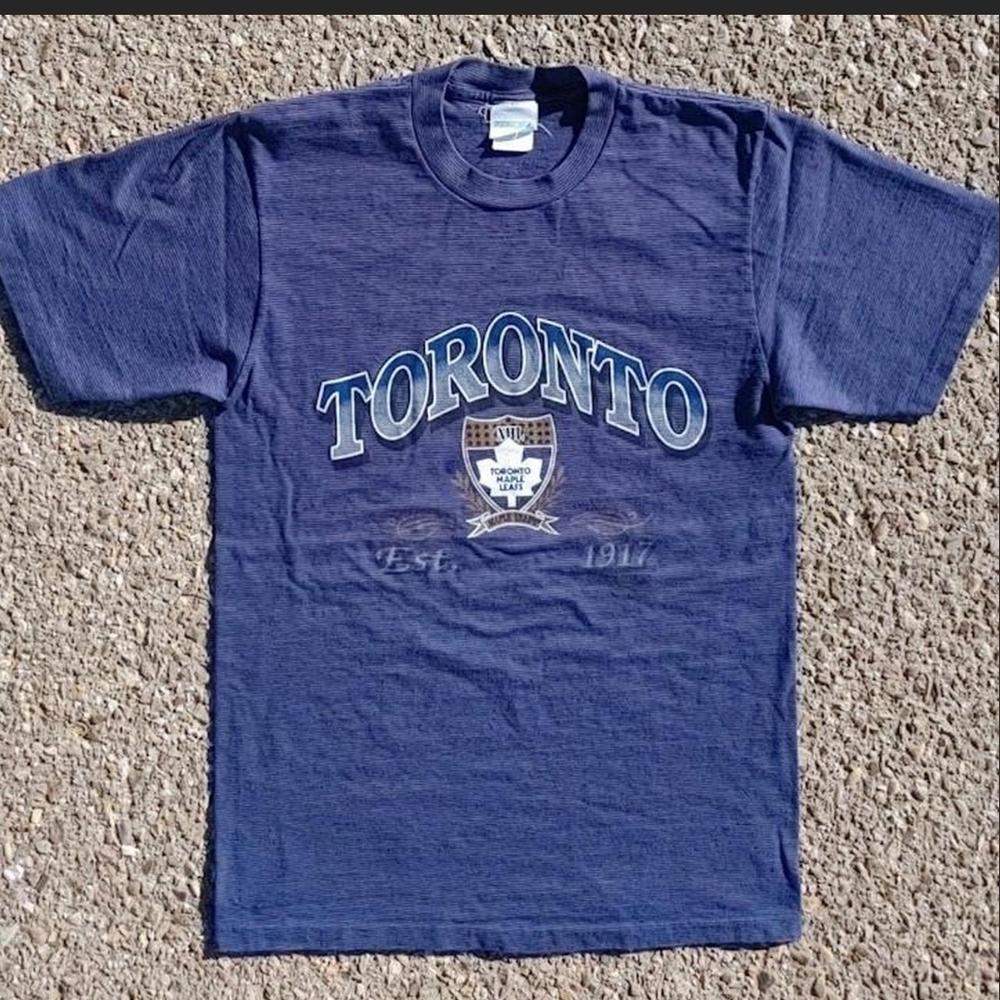 Vintage 90s Toronto Maple Leafs Trench T-Shirt Medium Made in Canada NHL Striped
